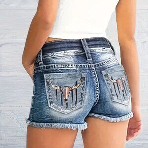 High Waisted Stretchy Denim Shorts with flag bull design